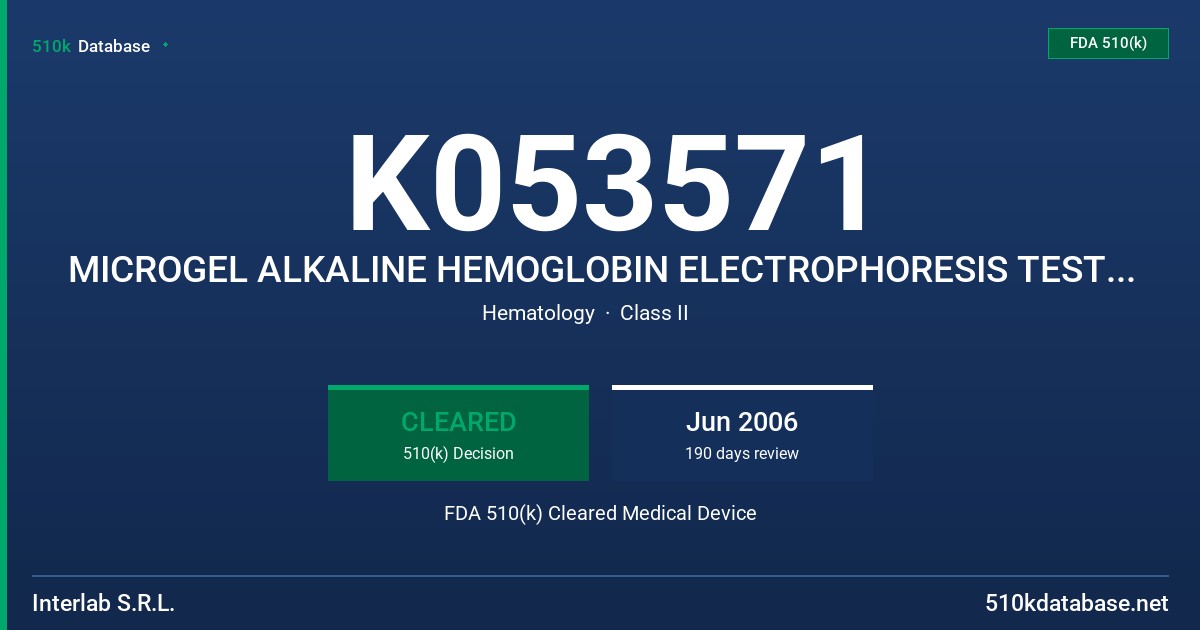 K053571 MICROGEL ALKALINE HEMOGLOBIN ELECTROPHORESIS TEST SYSTEM, MICROGEL ACID HEMOGLOBIN ELECTROPHORESIS TEST SYSTEM FDA 510(k) Cleared Medical Device