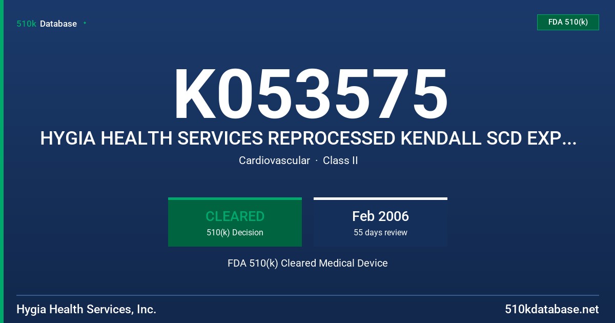 K053575 HYGIA HEALTH SERVICES REPROCESSED KENDALL SCD EXPRESS SLEEVES/FOOT CUFFS FDA 510(k) Cleared Medical Device