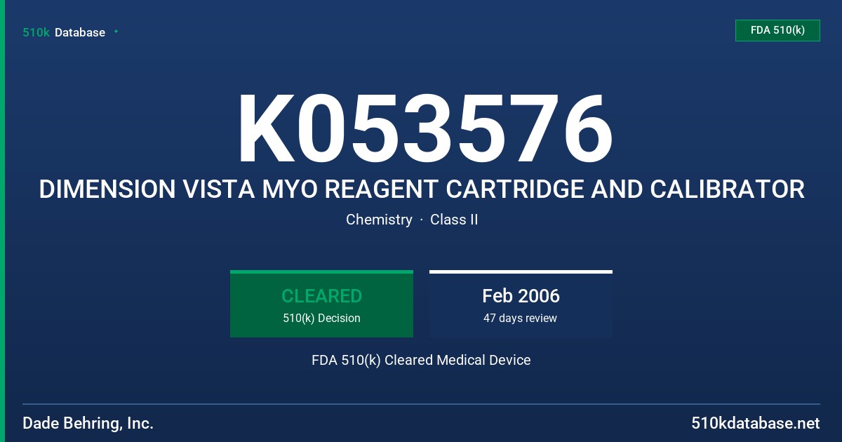 K053576 DIMENSION VISTA MYO REAGENT CARTRIDGE AND CALIBRATOR FDA 510(k) Cleared Medical Device