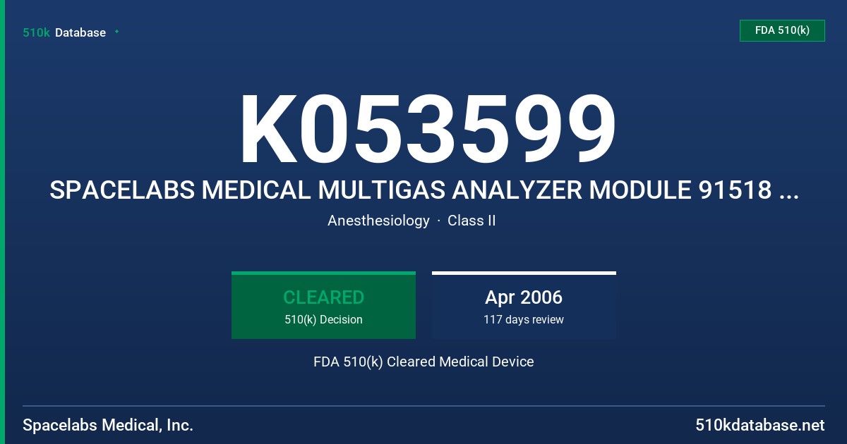 K053599 SPACELABS MEDICAL MULTIGAS ANALYZER MODULE 91518 AND ACCESSORIES FDA 510(k) Cleared Medical Device