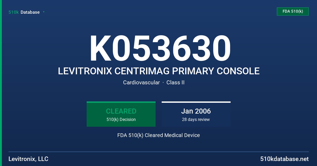 K053630 LEVITRONIX CENTRIMAG PRIMARY CONSOLE FDA 510(k) Cleared Medical Device