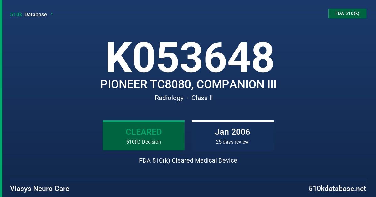 K053648 PIONEER TC8080, COMPANION III FDA 510(k) Cleared Medical Device