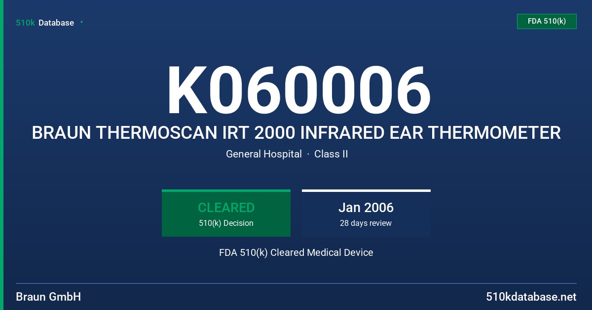 K060006 BRAUN THERMOSCAN IRT 2000 INFRARED EAR THERMOMETER FDA 510(k) Cleared Medical Device