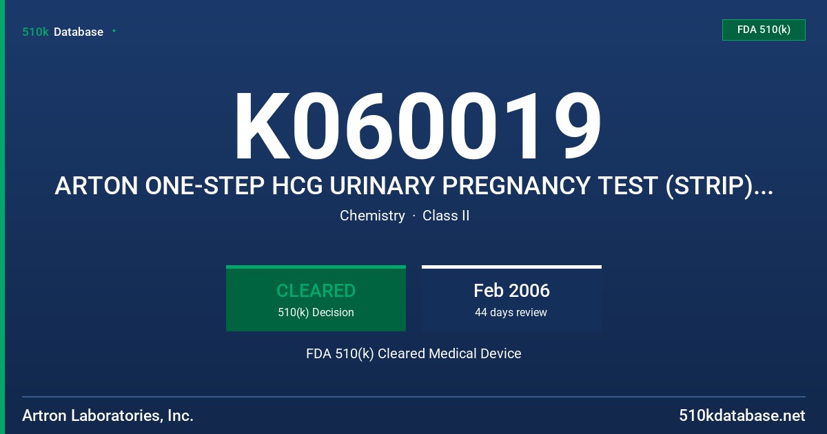 K060019 ARTON ONE-STEP HCG URINARY PREGNANCY TEST (STRIP), (CASSETTE), (MIDSTREAM) FDA 510(k) Cleared Medical Device