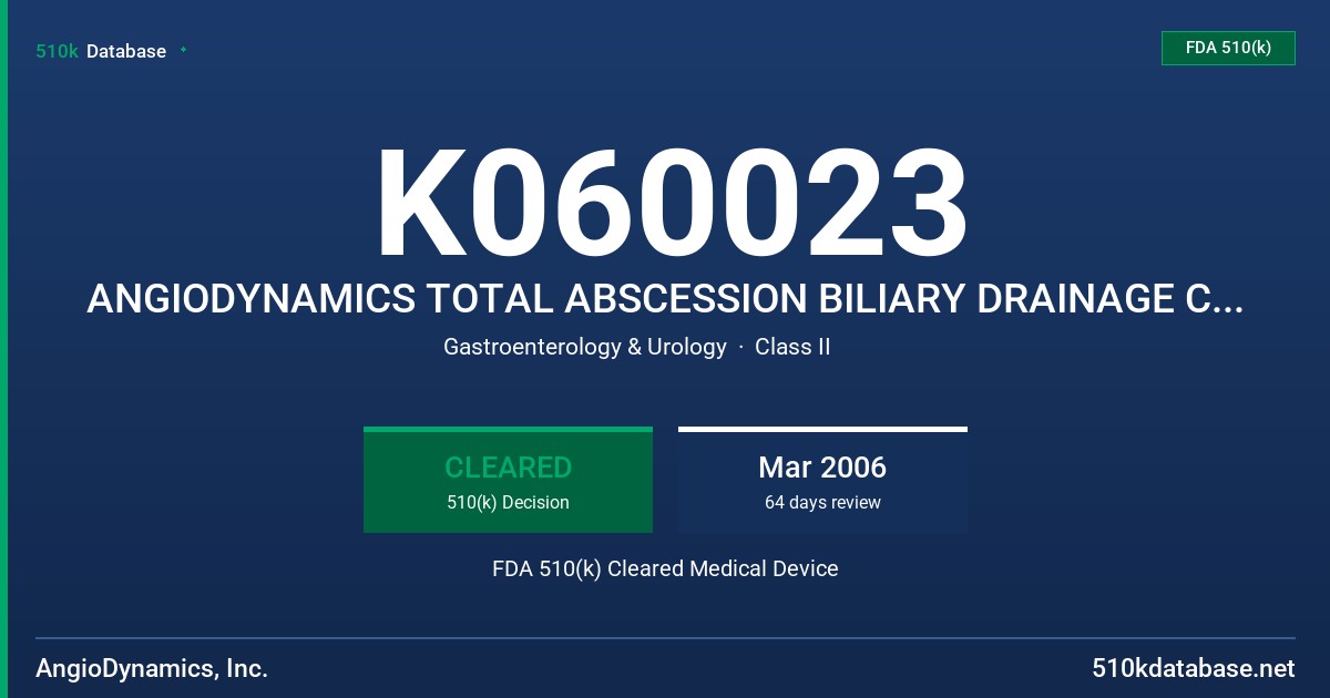 K060023 ANGIODYNAMICS TOTAL ABSCESSION BILIARY DRAINAGE CATHETER FDA 510(k) Cleared Medical Device