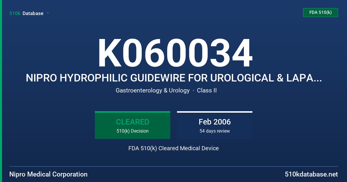 K060034 NIPRO HYDROPHILIC GUIDEWIRE FOR UROLOGICAL & LAPAROSCOPIC USE FDA 510(k) Cleared Medical Device