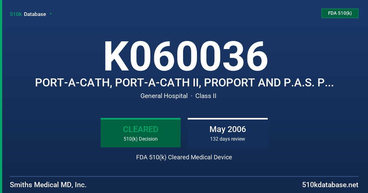 K060036 PORT-A-CATH, PORT-A-CATH II, PROPORT AND P.A.S. PORT IMPLANTABLE VENOUS ACCESS SYSTEMS WITH DUAL LAYER CATHETER FDA 510(k) Cleared Medical Device