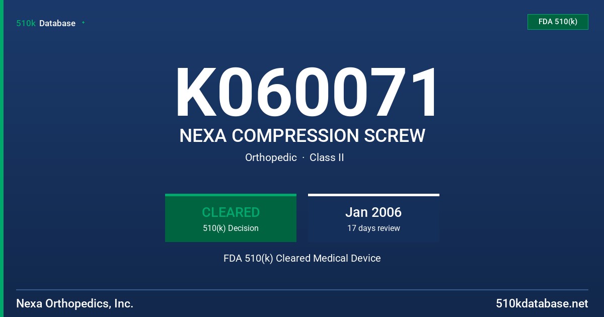 K060071 NEXA COMPRESSION SCREW FDA 510(k) Cleared Medical Device