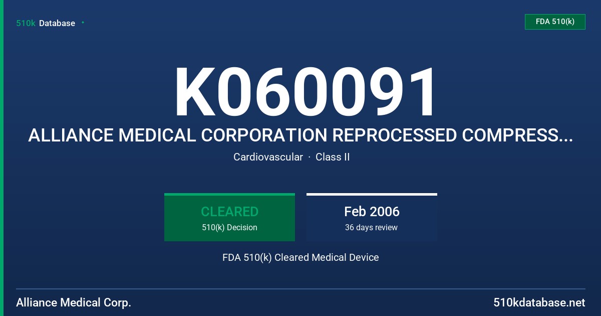 K060091 ALLIANCE MEDICAL CORPORATION REPROCESSED COMPRESSION SLEEVES FDA 510(k) Cleared Medical Device
