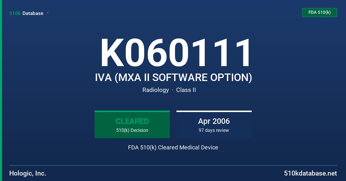 K060111 IVA (MXA II SOFTWARE OPTION) FDA 510(k) Cleared Medical Device