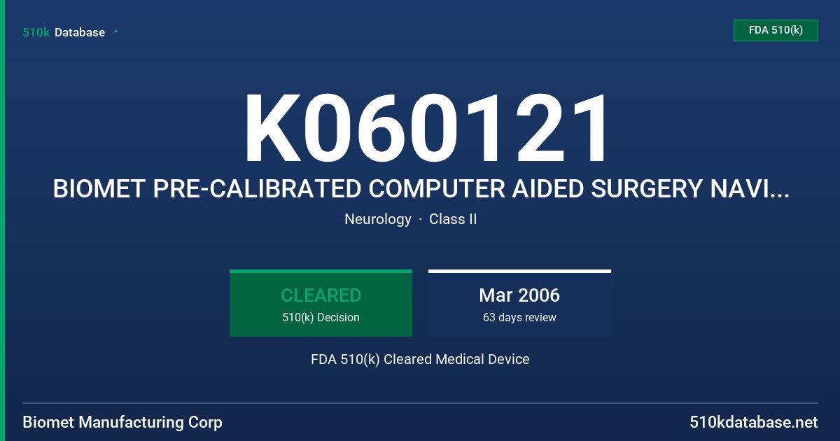 K060121 BIOMET PRE-CALIBRATED COMPUTER AIDED SURGERY NAVIGATION INSTRUMENTS FOR HIP APPLICATIONS FDA 510(k) Cleared Medical Device