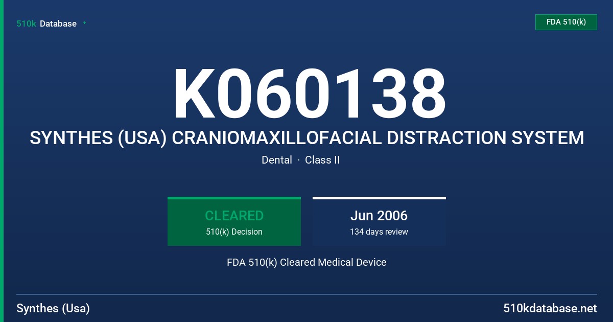 K060138 SYNTHES (USA) CRANIOMAXILLOFACIAL DISTRACTION SYSTEM FDA 510(k) Cleared Medical Device