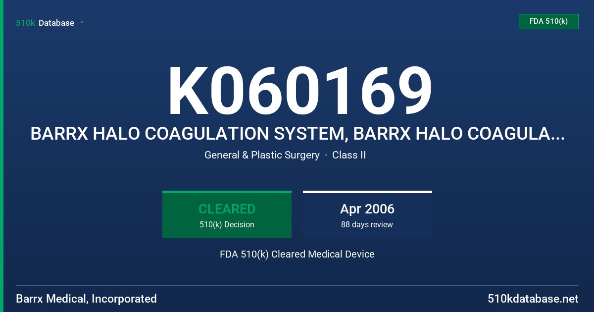 K060169 BARRX HALO COAGULATION SYSTEM, BARRX HALO COAGULATION GENERATOR, BARRX COAGULATION CATHETER, MODELS 2200-115A, 1520F FDA 510(k) Cleared Medical Device