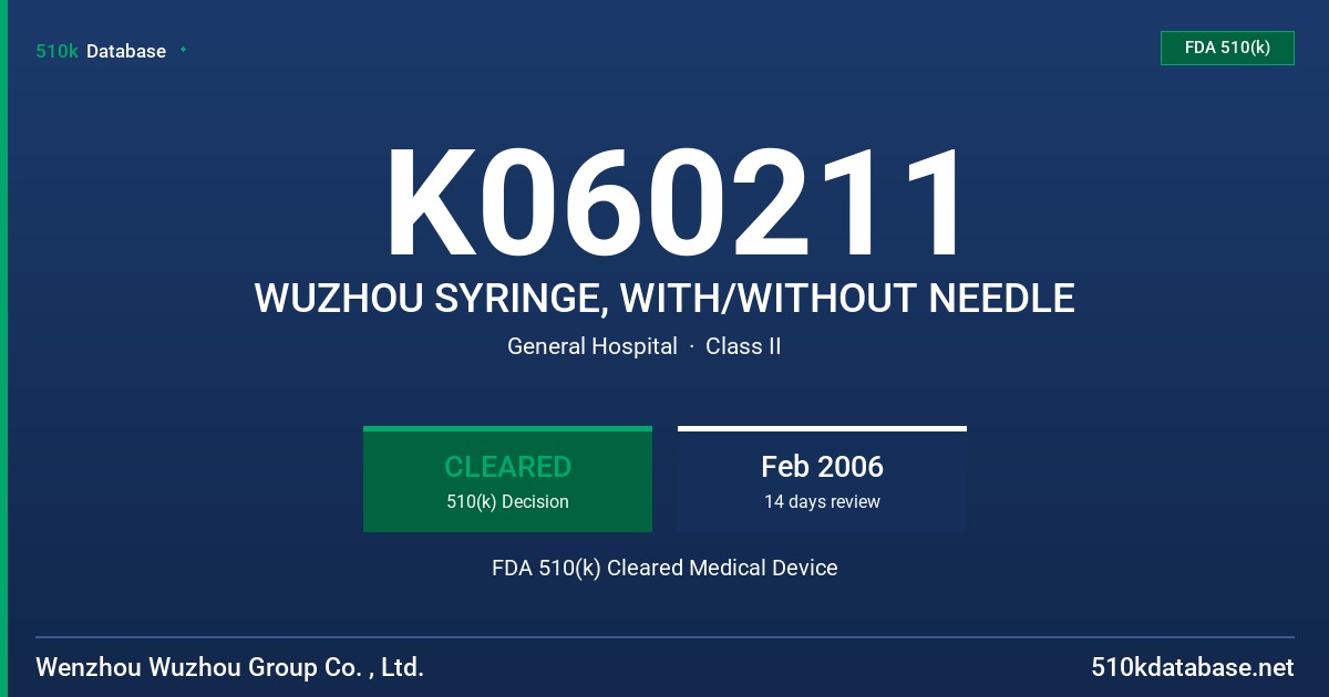 K060211 WUZHOU SYRINGE, WITH/WITHOUT NEEDLE FDA 510(k) Cleared Medical Device