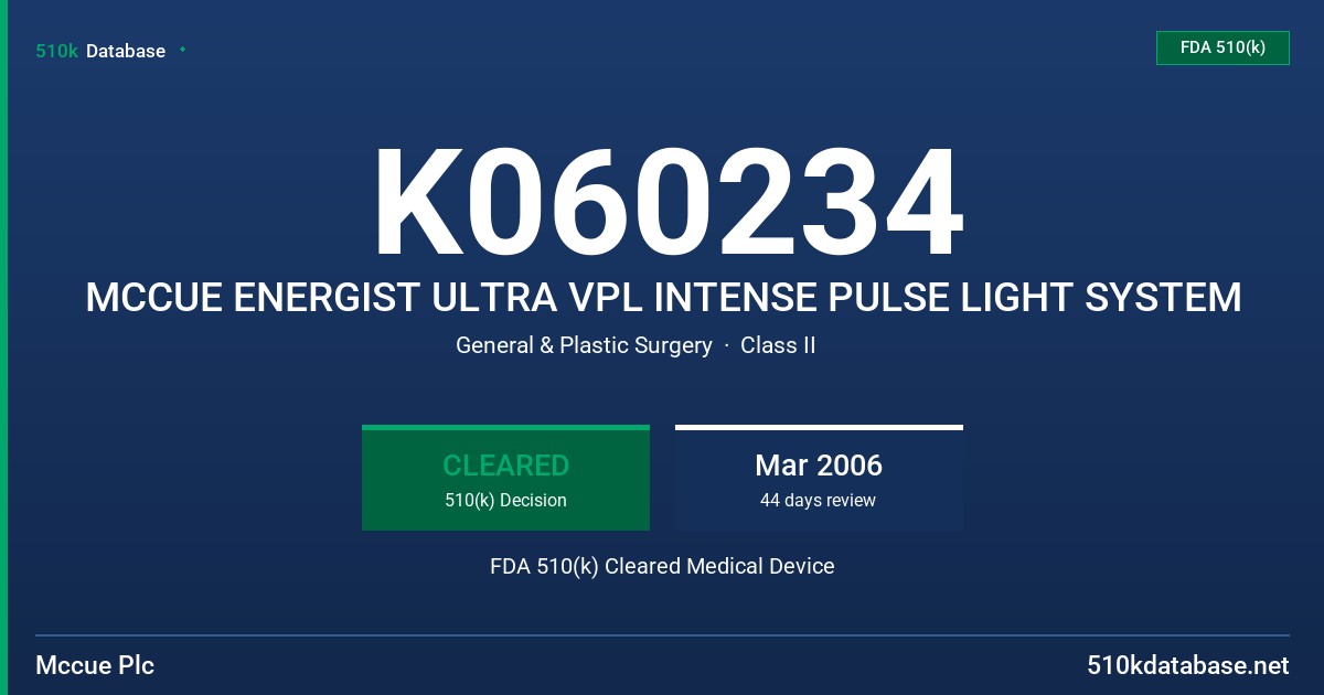 K060234 MCCUE ENERGIST ULTRA VPL INTENSE PULSE LIGHT SYSTEM FDA 510(k) Cleared Medical Device