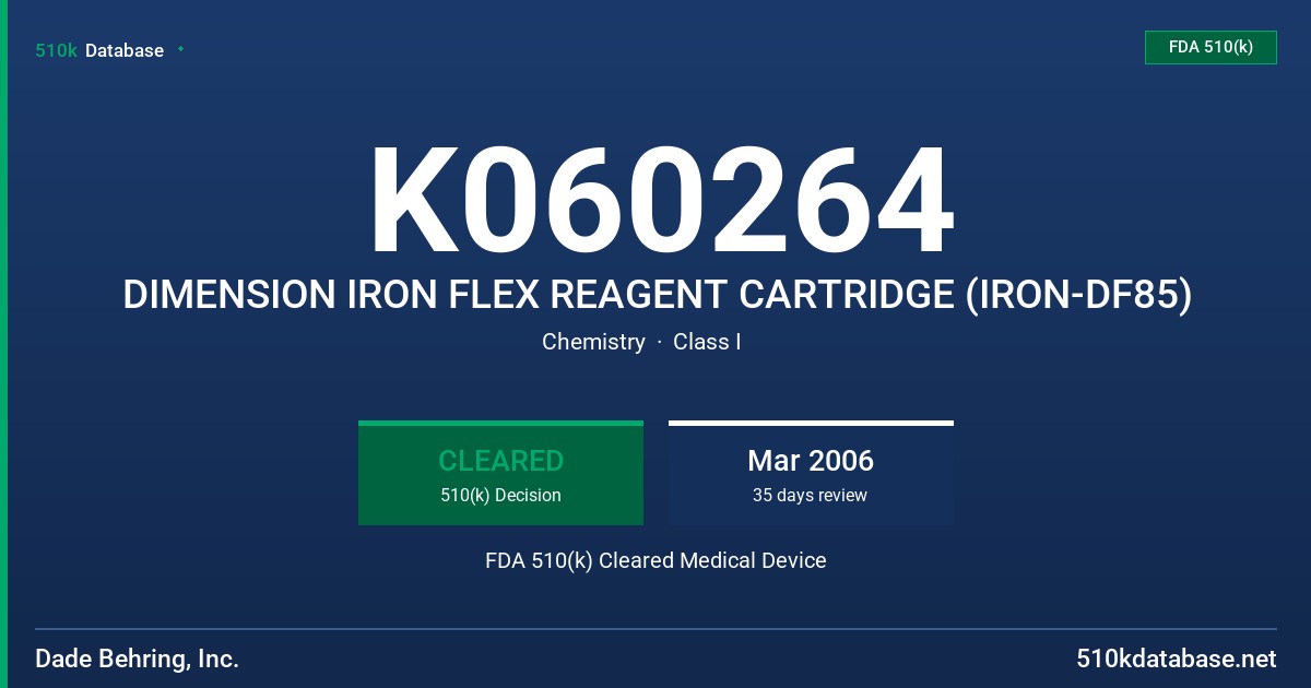 K060264 DIMENSION IRON FLEX REAGENT CARTRIDGE (IRON-DF85) FDA 510(k) Cleared Medical Device