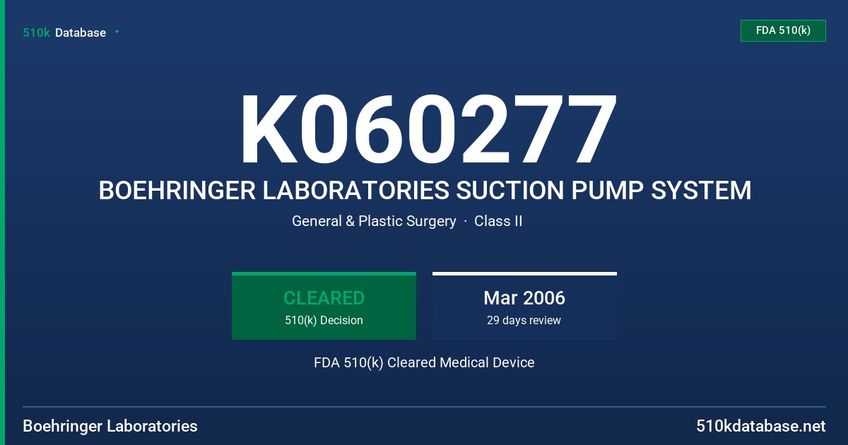 K060277 BOEHRINGER LABORATORIES SUCTION PUMP SYSTEM FDA 510(k) Cleared Medical Device
