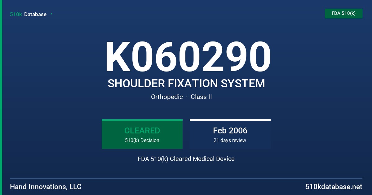 K060290 SHOULDER FIXATION SYSTEM FDA 510(k) Cleared Medical Device