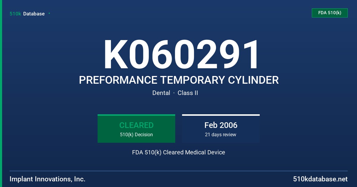 K060291 PREFORMANCE TEMPORARY CYLINDER FDA 510(k) Cleared Medical Device