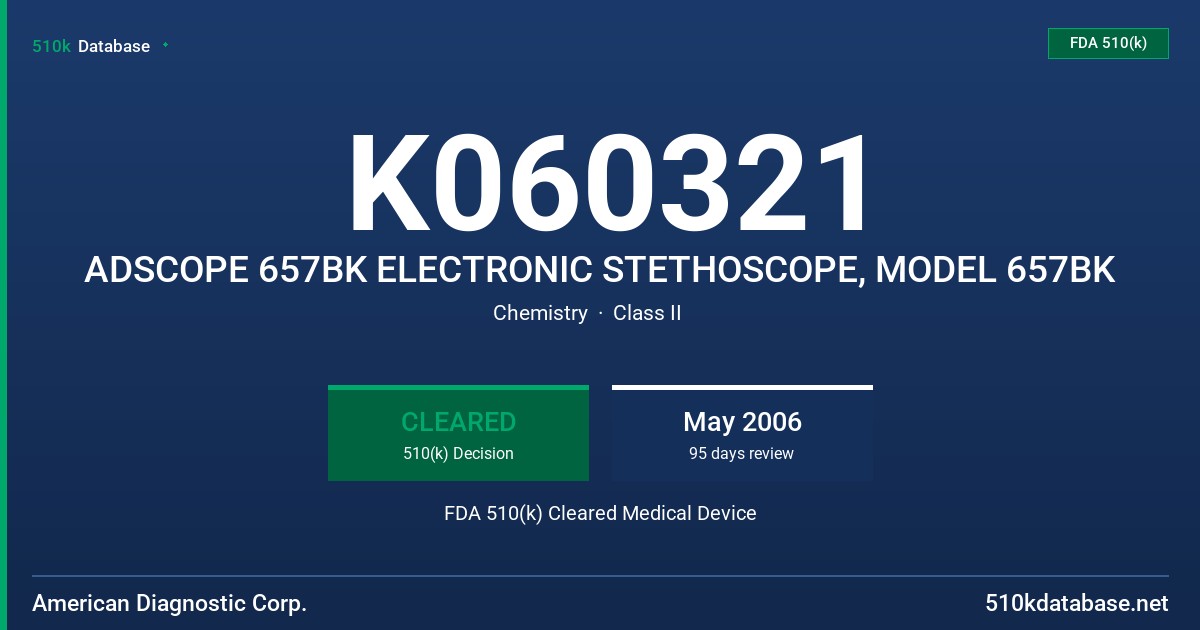 K060321 ADSCOPE 657BK ELECTRONIC STETHOSCOPE, MODEL 657BK FDA 510(k) Cleared Medical Device