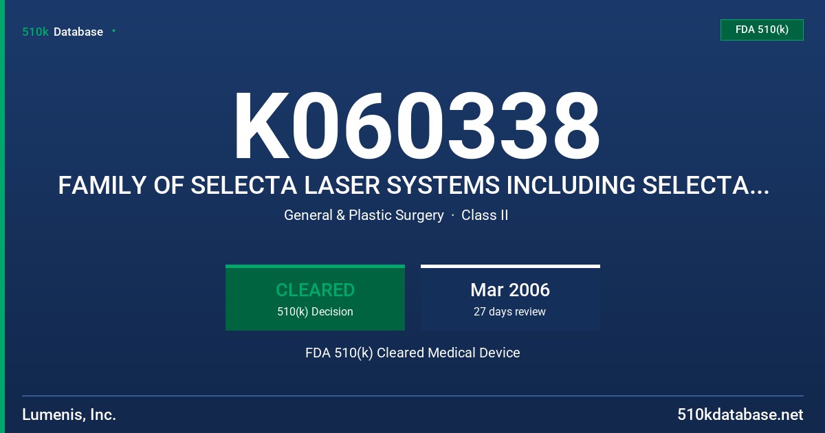 K060338 FAMILY OF SELECTA LASER SYSTEMS INCLUDING SELECTA 1064, SELECTA SLT, SELECTA  DUET, SELECTA DUO, SELECTA TRIO FDA 510(k) Cleared Medical Device