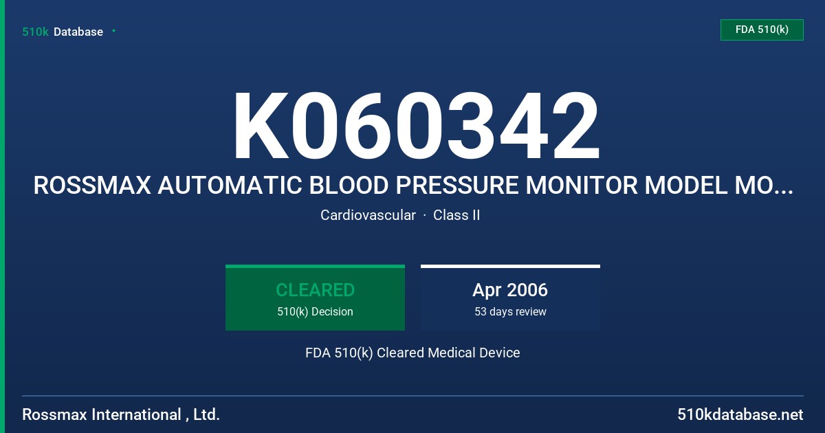 K060342 ROSSMAX AUTOMATIC BLOOD PRESSURE MONITOR MODEL MO701K FDA 510(k) Cleared Medical Device