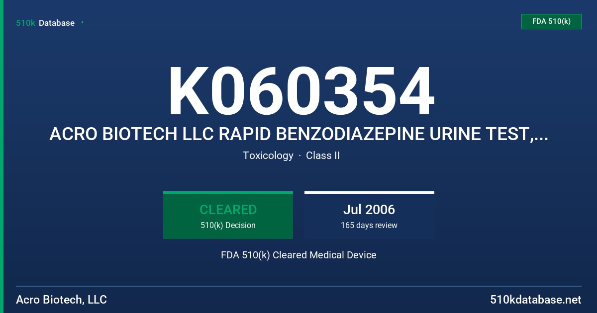 K060354 ACRO BIOTECH LLC RAPID BENZODIAZEPINE URINE TEST, CATALOG BZD001000 FDA 510(k) Cleared Medical Device