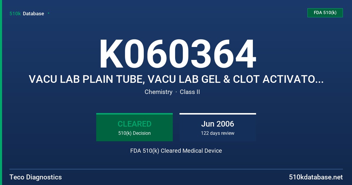 K060364 VACU LAB PLAIN TUBE, VACU LAB GEL & CLOT ACTIVATOR TUBE, VACU LAB COAGULATION TUBE FDA 510(k) Cleared Medical Device