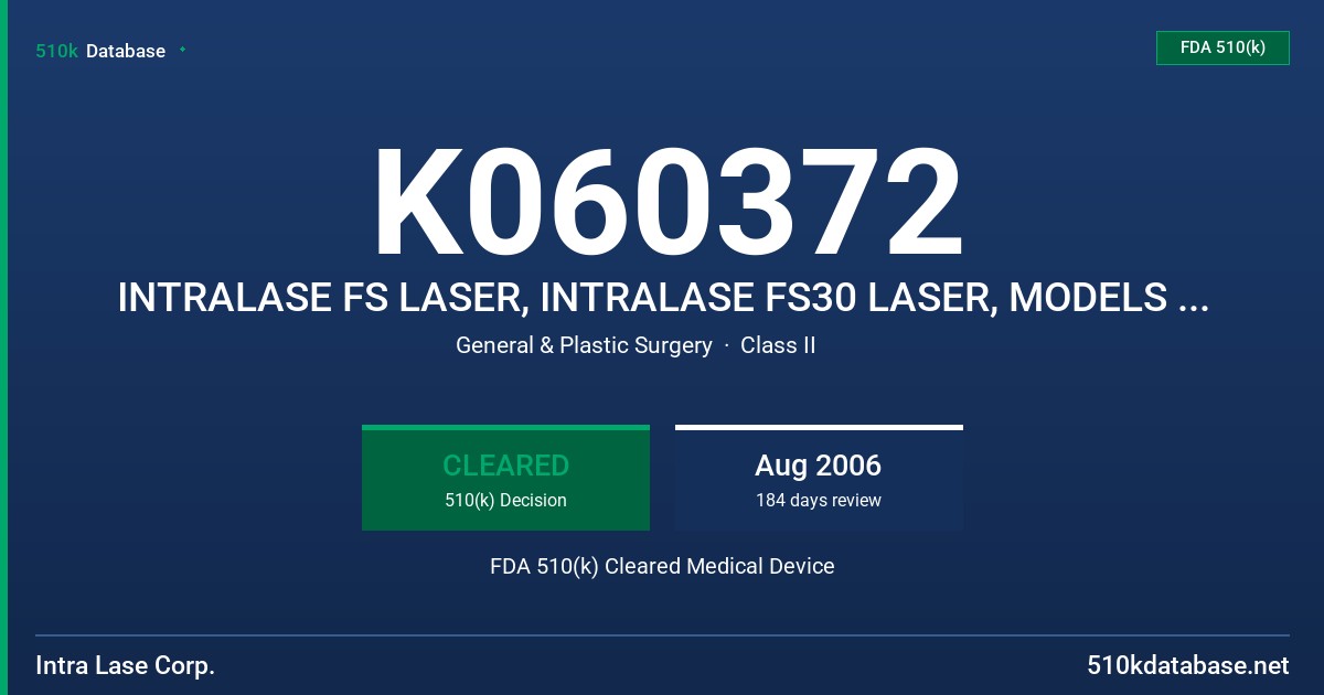 K060372 INTRALASE FS LASER, INTRALASE FS30 LASER, MODELS 1, 2, 3 FDA 510(k) Cleared Medical Device