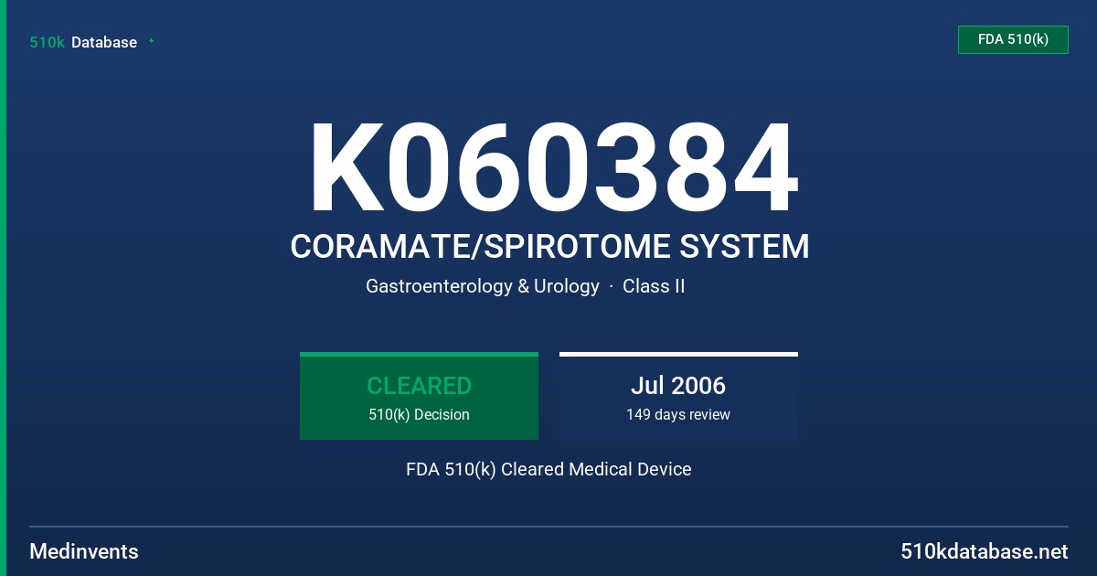 K060384 CORAMATE/SPIROTOME SYSTEM FDA 510(k) Cleared Medical Device