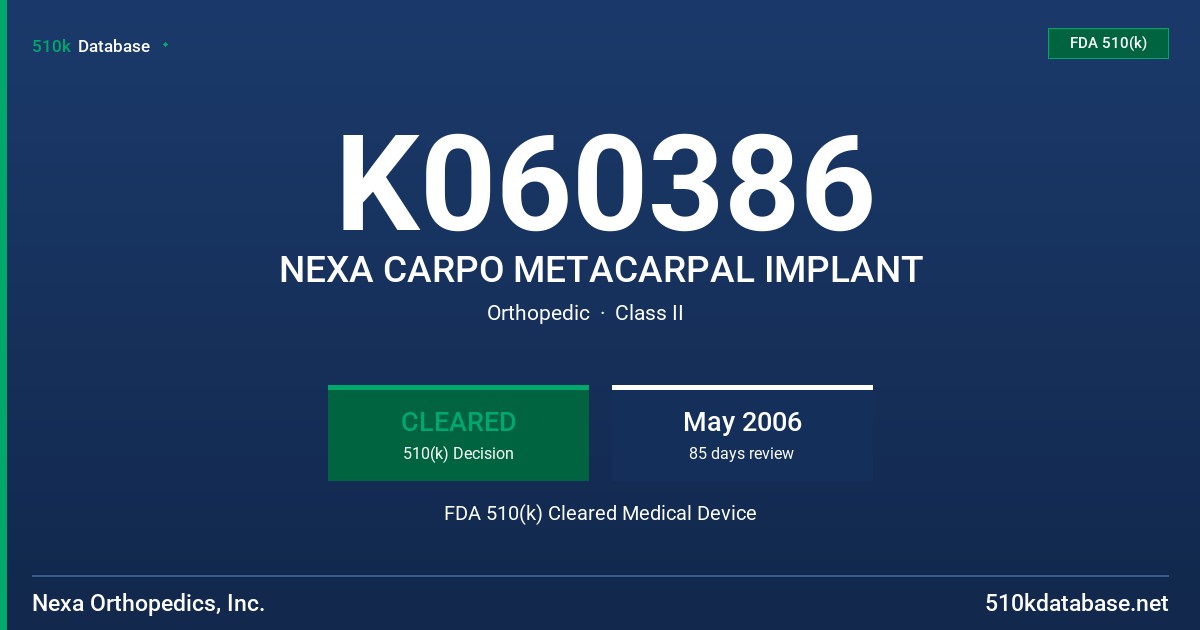 K060386 NEXA CARPO METACARPAL IMPLANT FDA 510(k) Cleared Medical Device