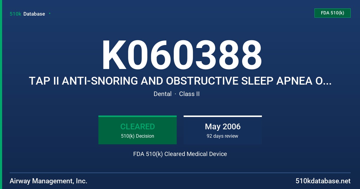 K060388 TAP II ANTI-SNORING AND OBSTRUCTIVE SLEEP APNEA ORAL APPLIANCE WITH ATTACHMENT FDA 510(k) Cleared Medical Device