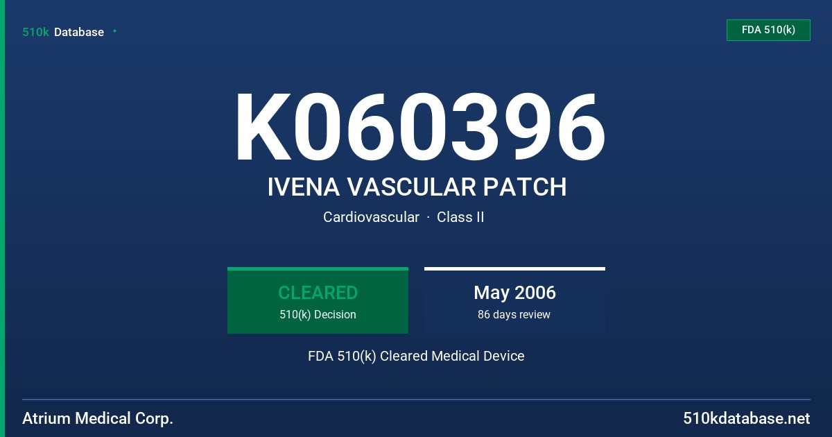 K060396 IVENA VASCULAR PATCH FDA 510(k) Cleared Medical Device
