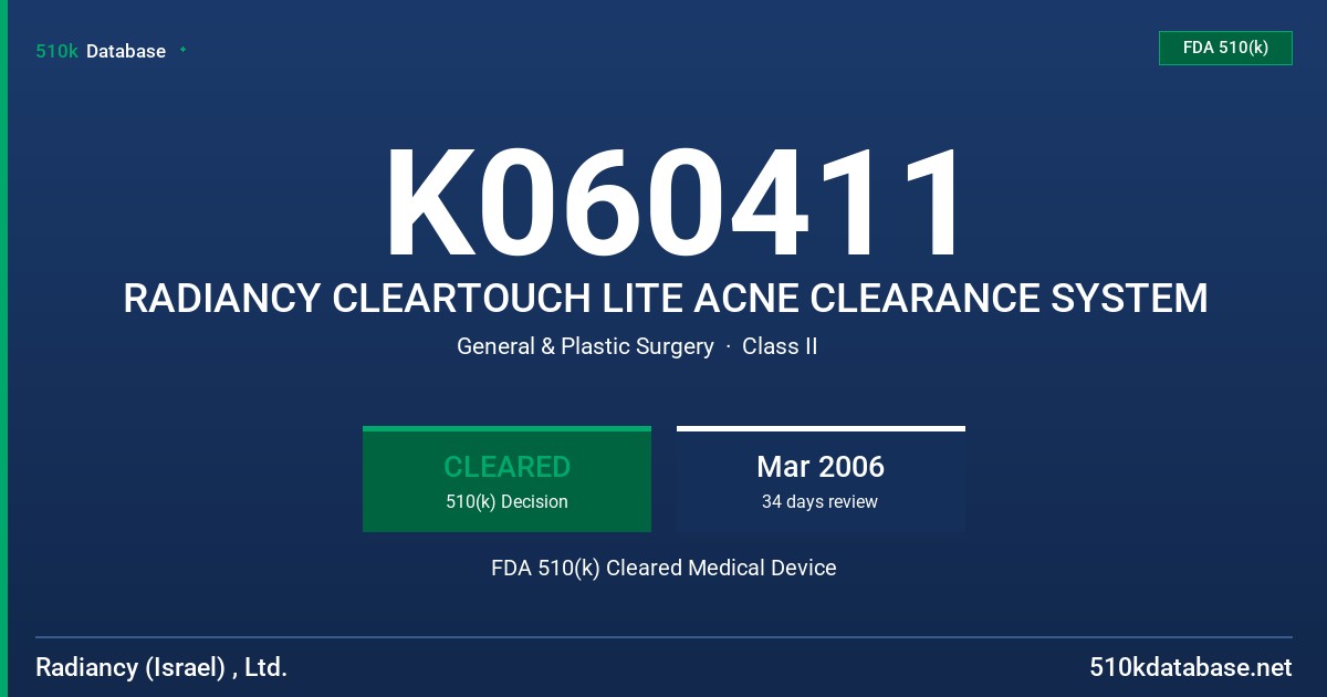 K060411 RADIANCY CLEARTOUCH LITE ACNE CLEARANCE SYSTEM FDA 510(k) Cleared Medical Device