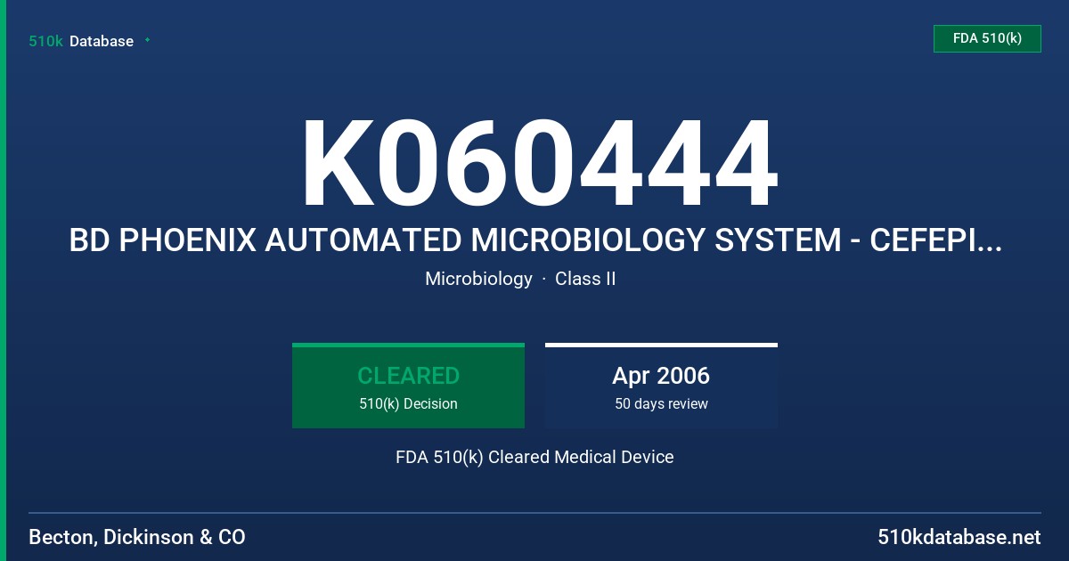 K060444 BD PHOENIX AUTOMATED MICROBIOLOGY SYSTEM - CEFEPIME (GN) , CEFTRIAXONE (GN), CEFOTAXIME (GN), 0.5-64 UG/ML FDA 510(k) Cleared Medical Device