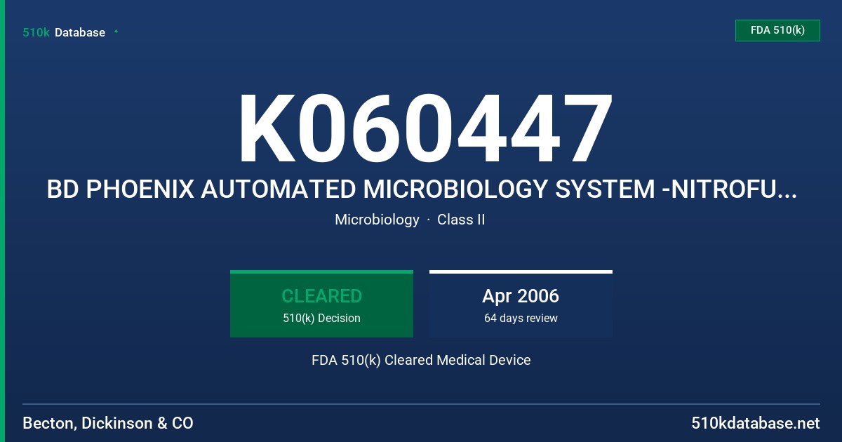 K060447 BD PHOENIX AUTOMATED MICROBIOLOGY SYSTEM -NITROFURANTOIN (GN) 8-512 UG/ML, TRIMETHOPRIM-SULFAMETHOXAZOLE (GN) FDA 510(k) Cleared Medical Device
