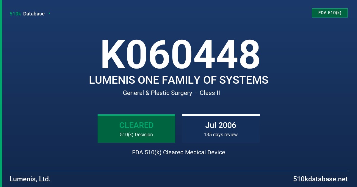 K060448 LUMENIS ONE FAMILY OF SYSTEMS FDA 510(k) Cleared Medical Device