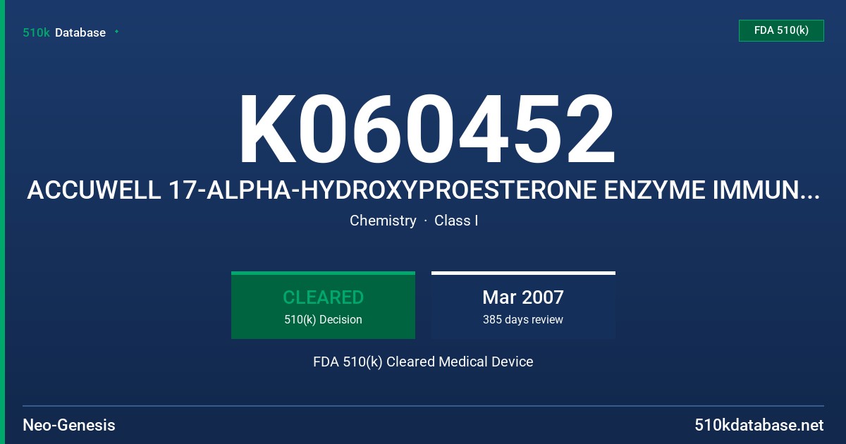 K060452 ACCUWELL 17-ALPHA-HYDROXYPROESTERONE ENZYME IMMUNOASSAY WITH MODELS 6015XX-ECAH FDA 510(k) Cleared Medical Device