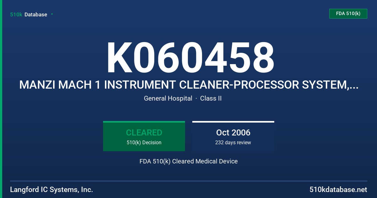 K060458 MANZI MACH 1 INSTRUMENT CLEANER-PROCESSOR SYSTEM, MANZI DETERGENT MD10, MANZI STERILANT MS10, MANZI CHEMICAL INDICATOR FDA 510(k) Cleared Medical Device
