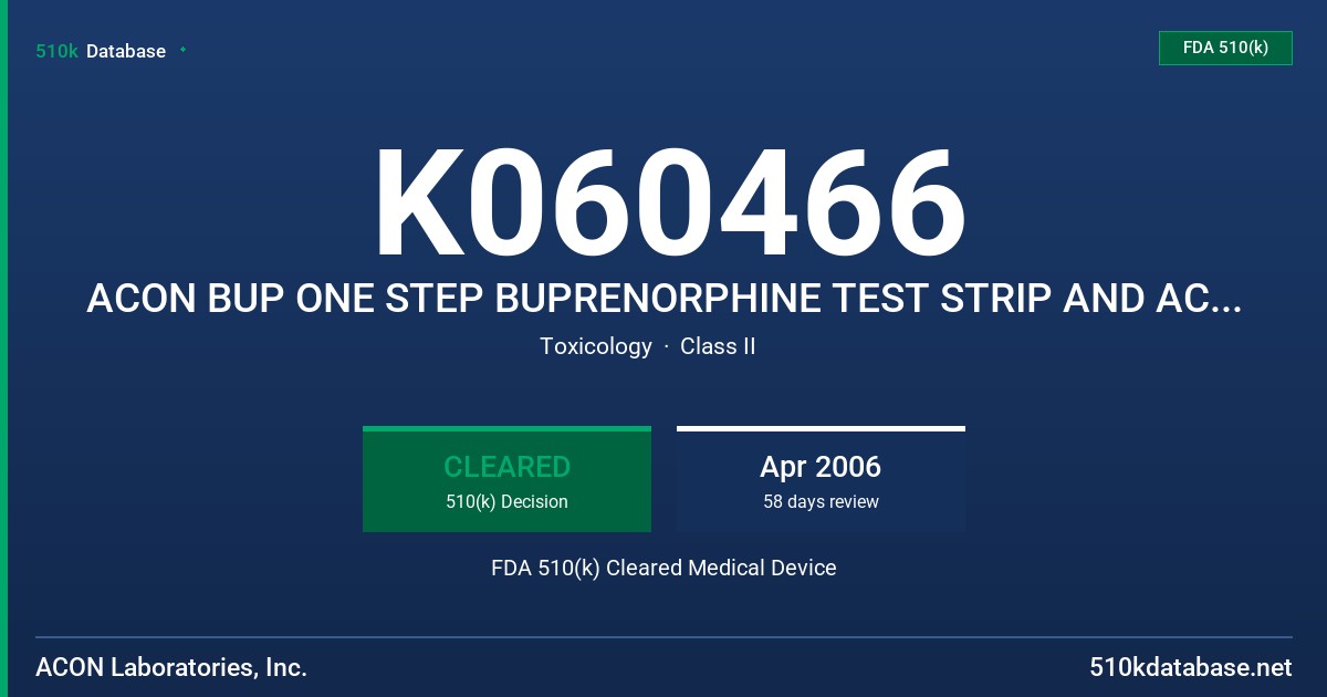 K060466 ACON BUP ONE STEP BUPRENORPHINE TEST STRIP AND ACRON BUP ONE STEP BUPRENORPHINE TEST DEVICE FDA 510(k) Cleared Medical Device
