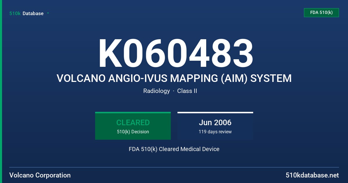 K060483 VOLCANO ANGIO-IVUS MAPPING (AIM) SYSTEM FDA 510(k) Cleared Medical Device