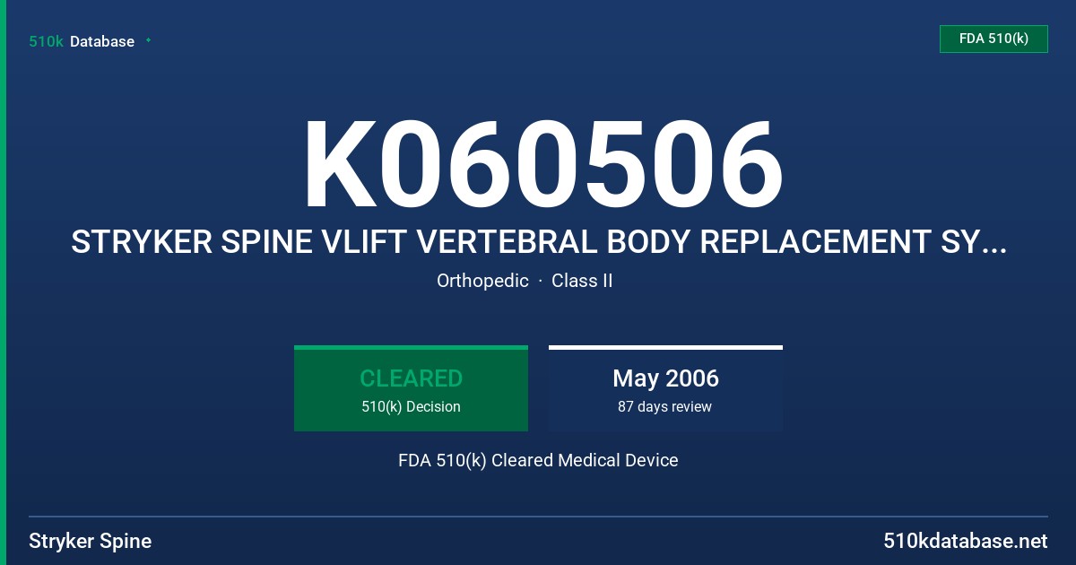 K060506 STRYKER SPINE VLIFT VERTEBRAL BODY REPLACEMENT SYSTEM FDA 510(k) Cleared Medical Device
