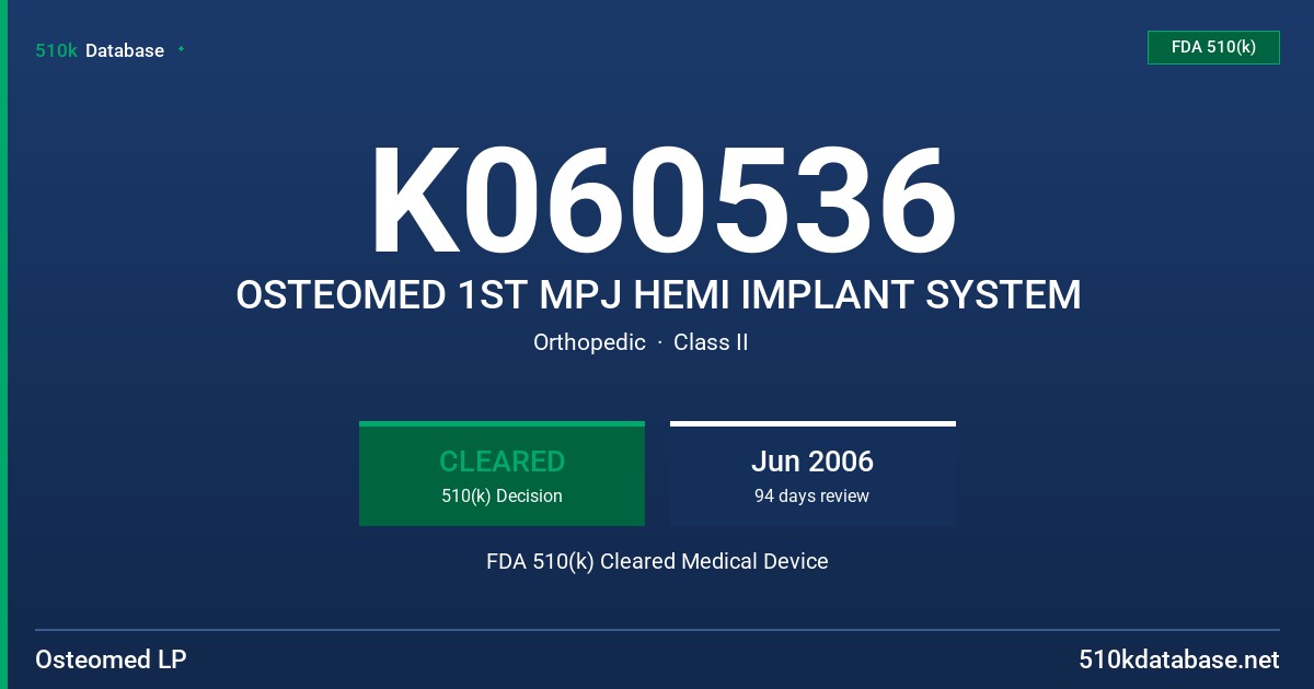 K060536 OSTEOMED 1ST MPJ HEMI IMPLANT SYSTEM FDA 510(k) Cleared Medical Device