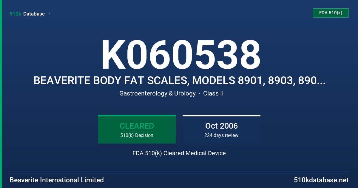K060538 BEAVERITE BODY FAT SCALES, MODELS 8901, 8903, 8905, 8909, 8911, 8915, 9563 AND 9568 FDA 510(k) Cleared Medical Device