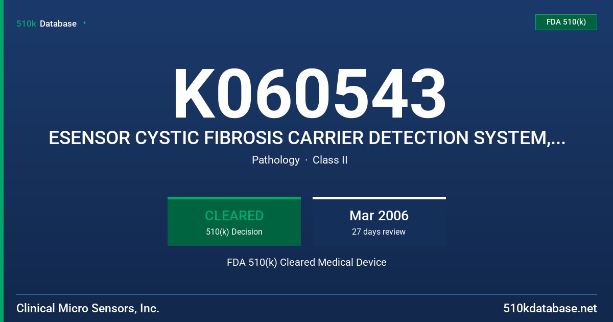 K060543 ESENSOR CYSTIC FIBROSIS CARRIER DETECTION SYSTEM, MODEL ESENSOR 4800 FDA 510(k) Cleared Medical Device