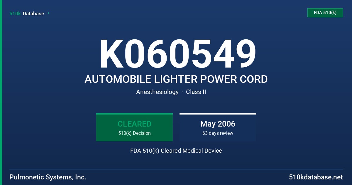 K060549 AUTOMOBILE LIGHTER POWER CORD FDA 510(k) Cleared Medical Device