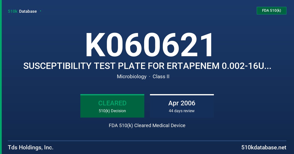 K060621 SUSCEPTIBILITY TEST PLATE FOR ERTAPENEM 0.002-16UG/ML FOR GRAM NEGATIVE.  SUSCEPTIBILITY TEST PLATE FOR ERTAPENEM 0.015- FDA 510(k) Cleared Medical Device