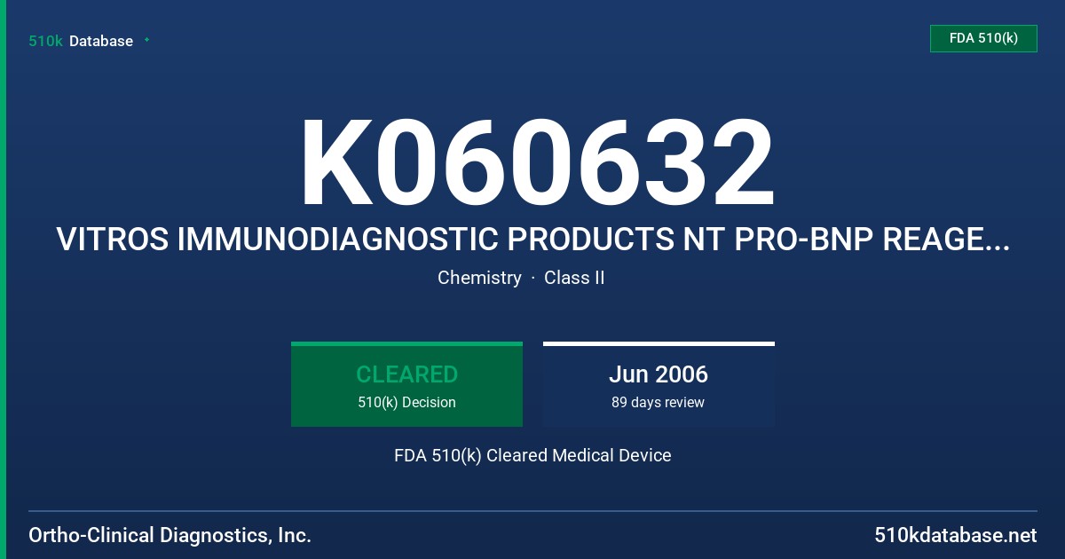 K060632 VITROS IMMUNODIAGNOSTIC PRODUCTS NT PRO-BNP REAGENT PACK,CALIBRATORS,RANGE VERIFIERS,680 2156,680 2157,680 2158 FDA 510(k) Cleared Medical Device