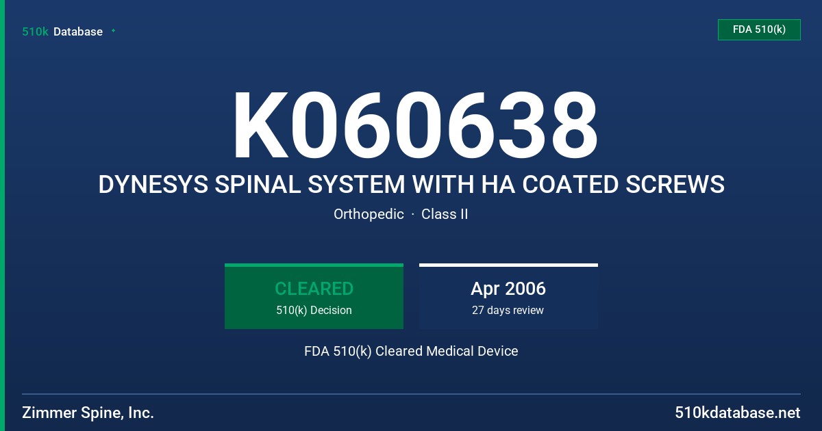 K060638 DYNESYS SPINAL SYSTEM WITH HA COATED SCREWS FDA 510(k) Cleared Medical Device
