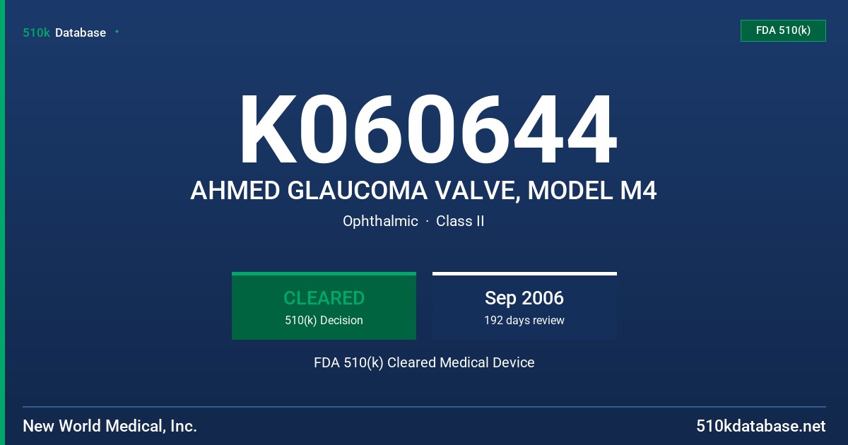 K060644 AHMED GLAUCOMA VALVE, MODEL M4 FDA 510(k) Cleared Medical Device